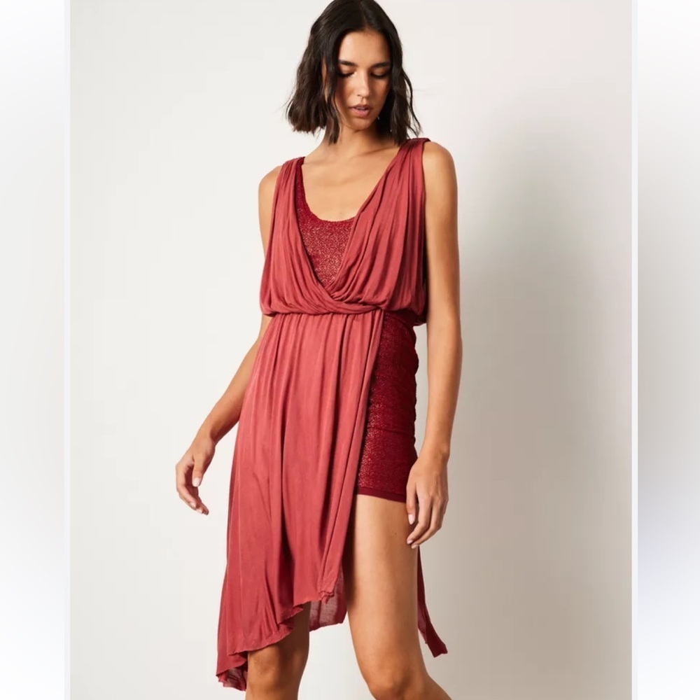 Free People Eleanor Metallic Shimmer Asymmetrical Wrap Dress Tuscan Red M